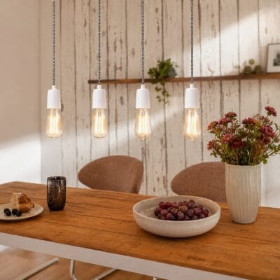 colgante 4 luces vintage blanco con cable textil tipo plancha