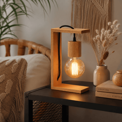 lámpara de mesa madera en forma de c linea nordica