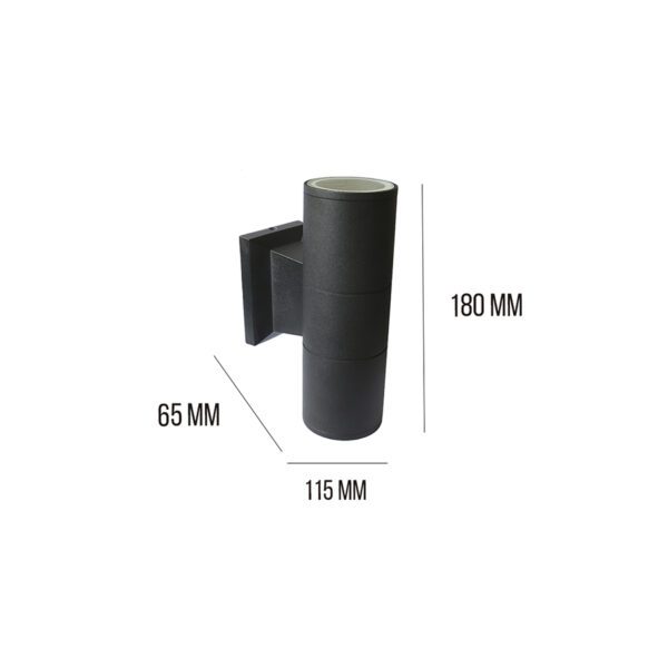 Modelo: Moly II Bidireccional Material: Aluminio y vidrio IP54 Tensión: 220v Rosca: GU10 Color: Negro Alto: 180 mm Ancho: 115 mm Profundidad: 65 mm