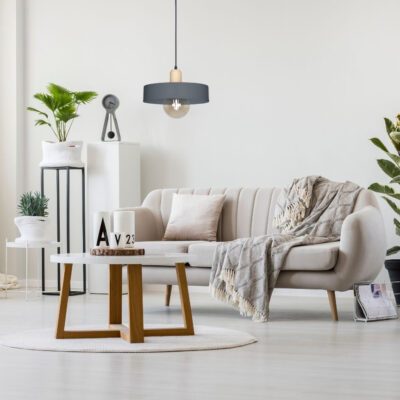 Lampara de techo Ø30cm gris y detalle Madera- Linea Balcarce Geo