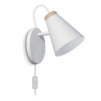 Velador de pared con cable y enchife "Nordik" - Blanco y Madera