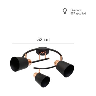 plafon de techo 3 luces e27 espiral "yencko" negro y cobre