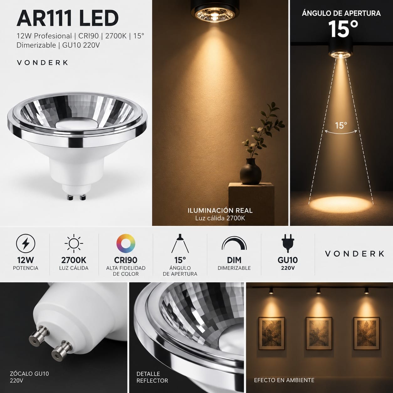 AR111 LED 12W Profesional CRI90 2700K 15° Dimerizable - Vonderk - Imagen 2