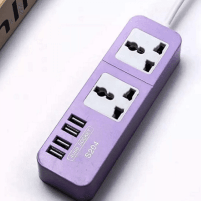 zapatilla eléctrica 2 tomas universales + 4 puertos usb 5v 4 amp lila