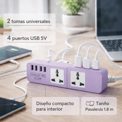 zapatilla eléctrica 2 tomas universales + 4 puertos usb 5v 4 amp lila