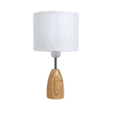 lampara de mesa emma de madera natural y pantalla de lino blanca