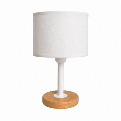lampara de mesa tino de madera natural y pantalla de lino blanca
