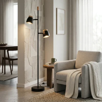 lampara de pie "climb 2 luces" para e27 metal y madera