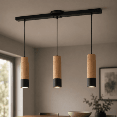 lámpara colgante torre 3 luces madera paraíso y metal