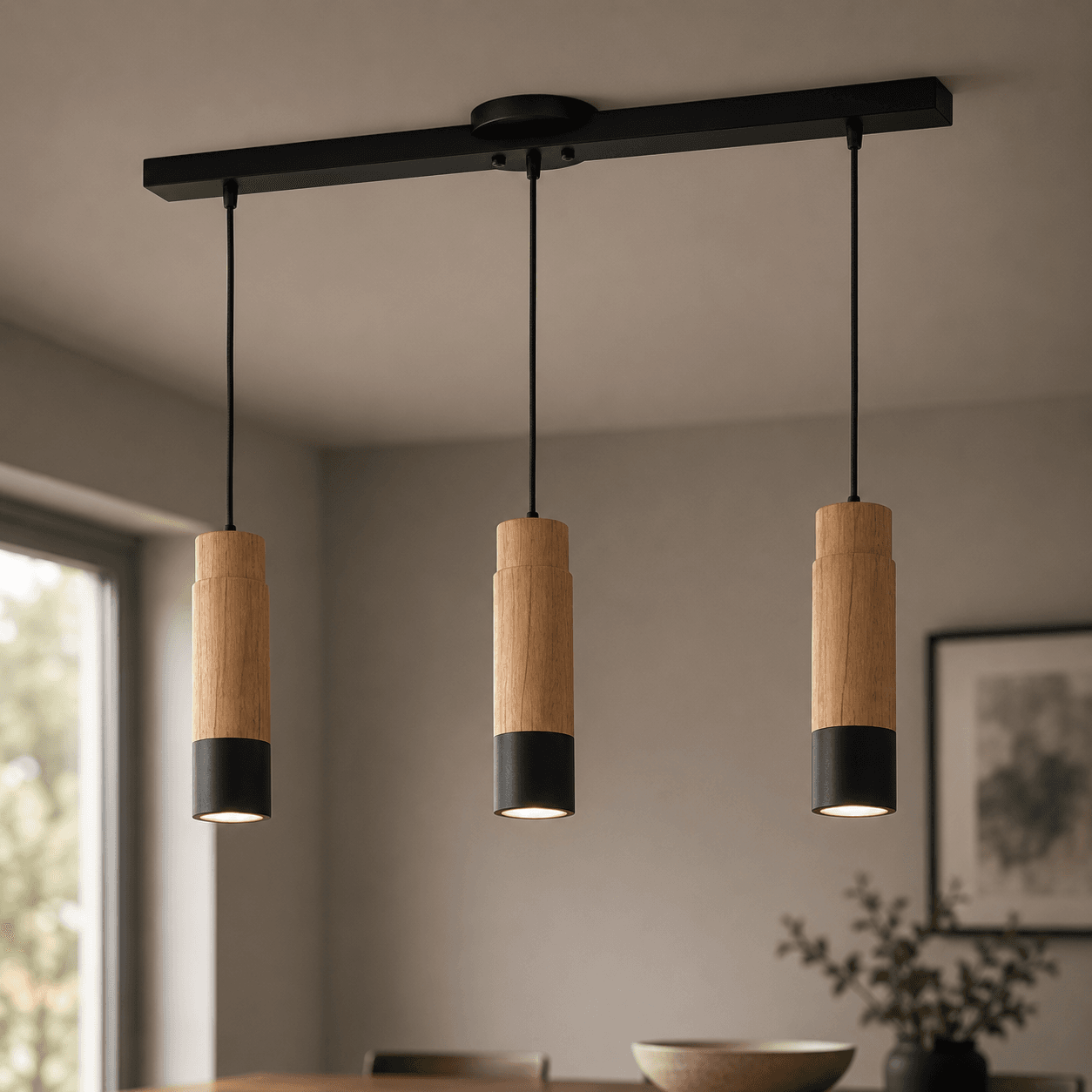 lámpara colgante torre 3 luces madera paraíso y metal