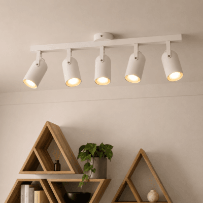 riel 80 cm siena con 5 cabezales móviles orientables e27 blanco