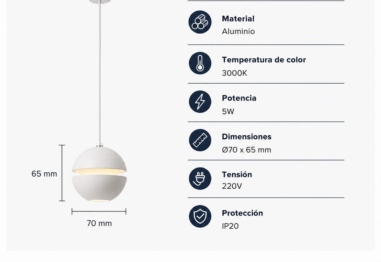 colgante led kalo 5w diseño esférico luz cálida 3000k blanco