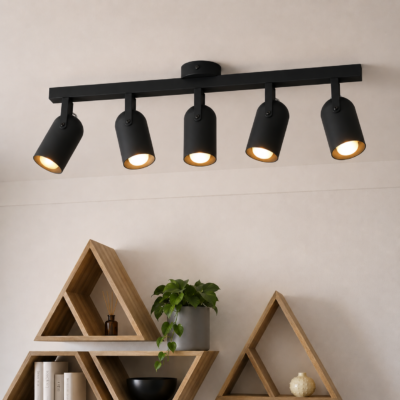 riel 80 cm siena con 5 cabezales móviles orientables e27 negro