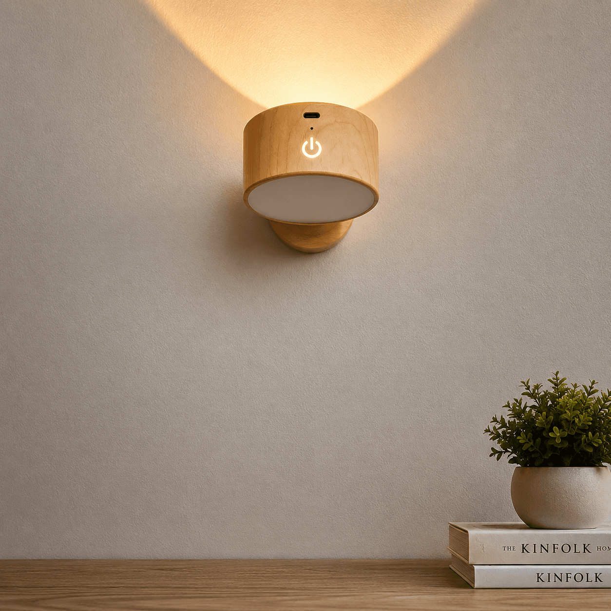 lámpara de pared inalambrica carga usb y rotación 360° madera