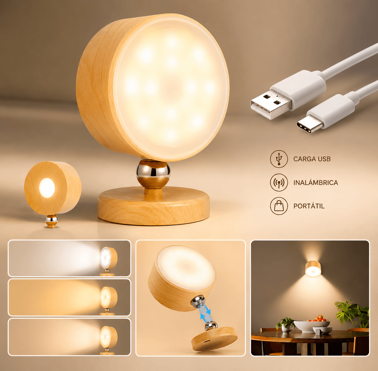 lámpara de pared inalambrica carga usb y rotación 360° madera