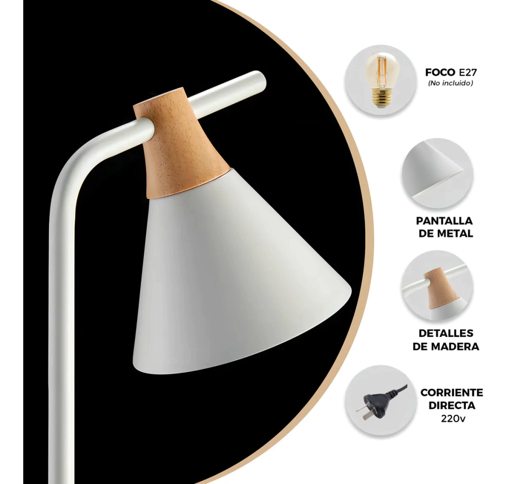 lampara de pie zenda blanco hierro y madera con pantalla cono