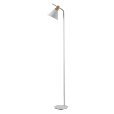 lampara de pie zenda blanco hierro y madera con pantalla cono