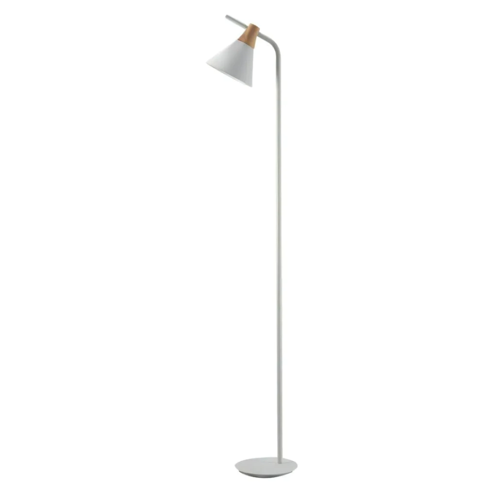 lampara de pie zenda blanco hierro y madera con pantalla cono