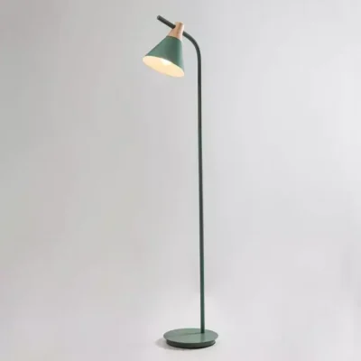 lampara de pie zenda blanco hierro y madera con pantalla cono