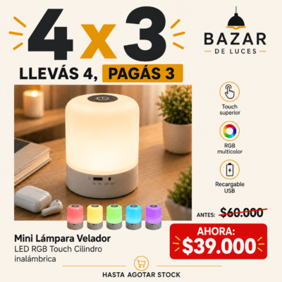 pack 4 x 3 mini velador led rgb touch recargable 1
